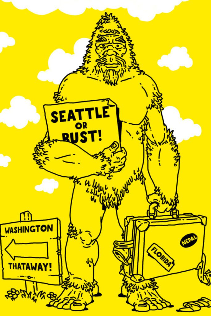 A yellow drawing of a gorilla holding suitcases