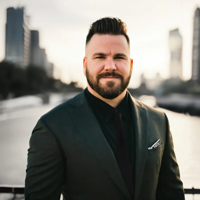 picture of david keyes standing infront of los angeles skyline